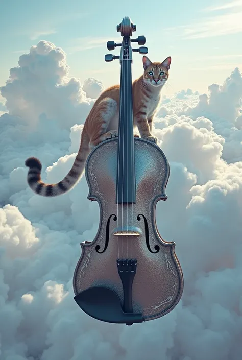 Ultra-realistc, futuristic violin with puma playing on it flying over the clouds 