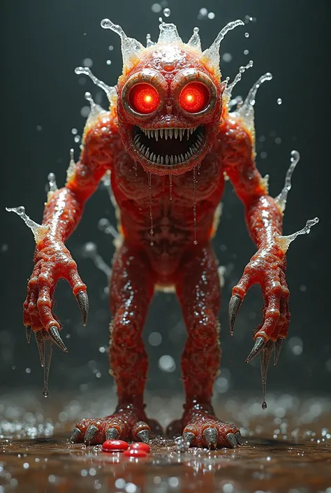 A humanoid creature made entirely of a bubbly liquid, with bright red eyes and ice teeth. Its mouth is a torn Coca-Cola label, and its hands reach out with claws formed by sharp caps. The creature advances in the dark, leaving a sticky trail behind