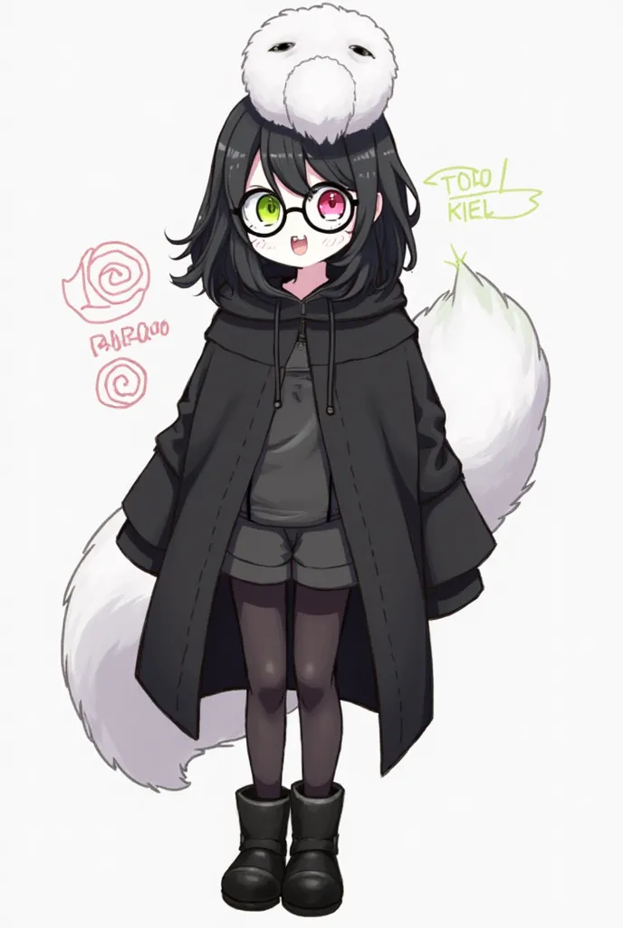 Appearance: [skin color: white, hair color: black with a large white bang in heart shape, eye color: left green, right pink, clothing: wears a long black and closed hoodie that goes down to her waist and underneath a black bra and panties, and black boot, ...