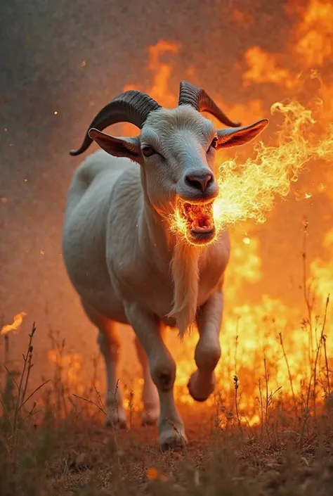 The goat’s mouth catches fire, and it lets out a loud, terrified scream. Flames dance around its face as it tries to shake them off. Its body tenses, legs moving frantically as it runs in panic. The fire spreads in small patches across the dry grass, and s...