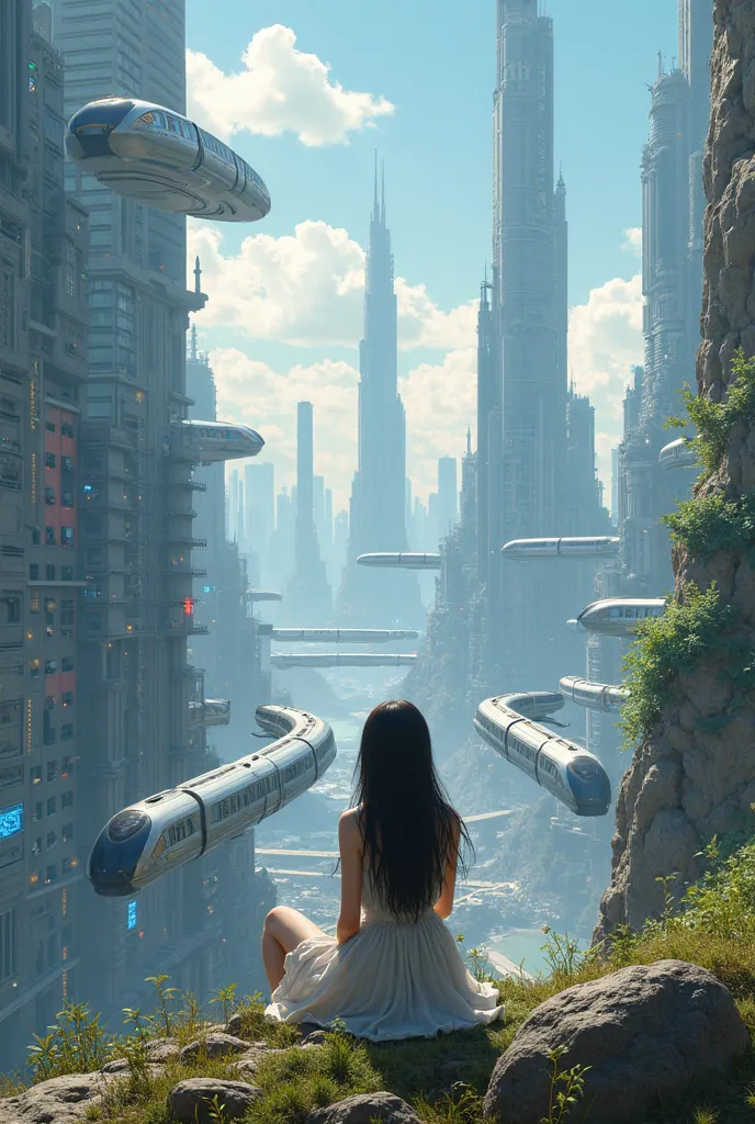  Jisoo wakes up on a mountain and sees a futuristic city with flying cars, trains in the buildings and strange figures
