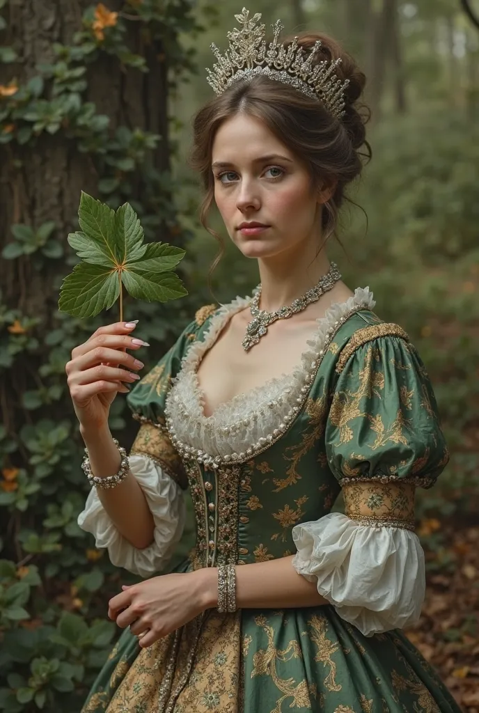 An aristocratic English countess in 19 th-century holding a four-leaft that seh founds on de ground