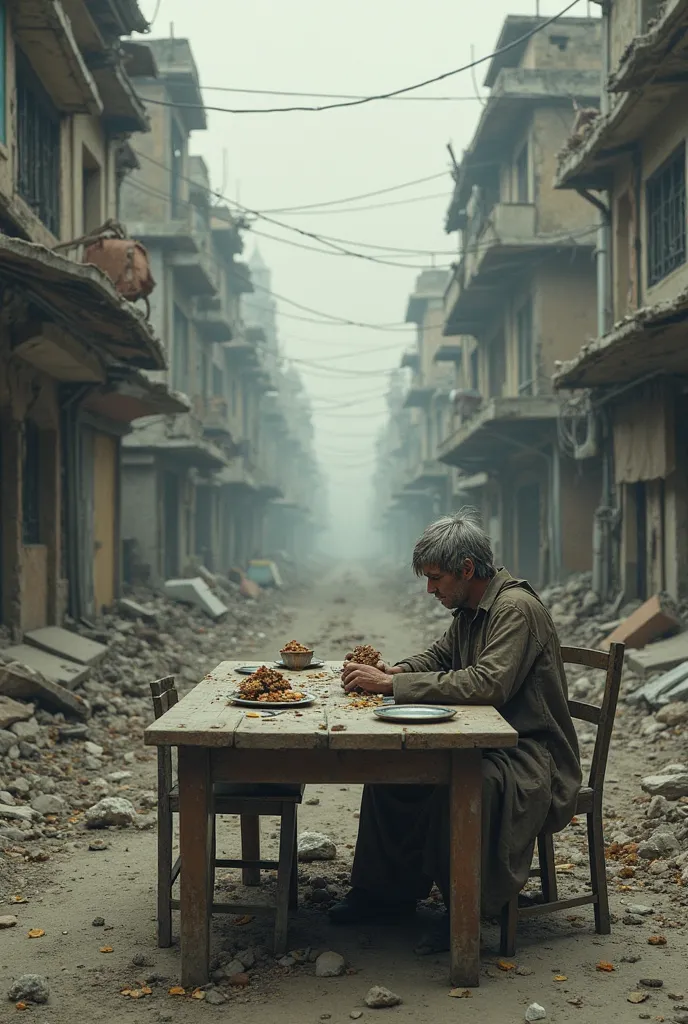 Poor ren, A very long table for lunch, On the street , In a completely destroyed city 