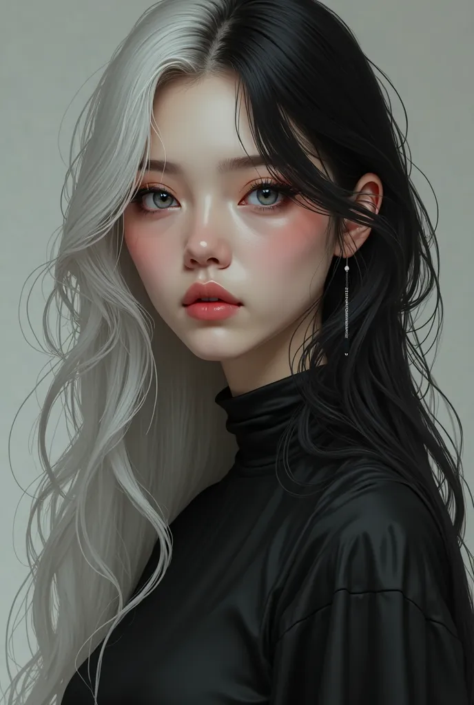 Young woman about . long hair, black with half his hair white. Big gray eyes. Smooth and very white skin. Dressed in a black high-neck shirt.  The style of the image must be realistic.