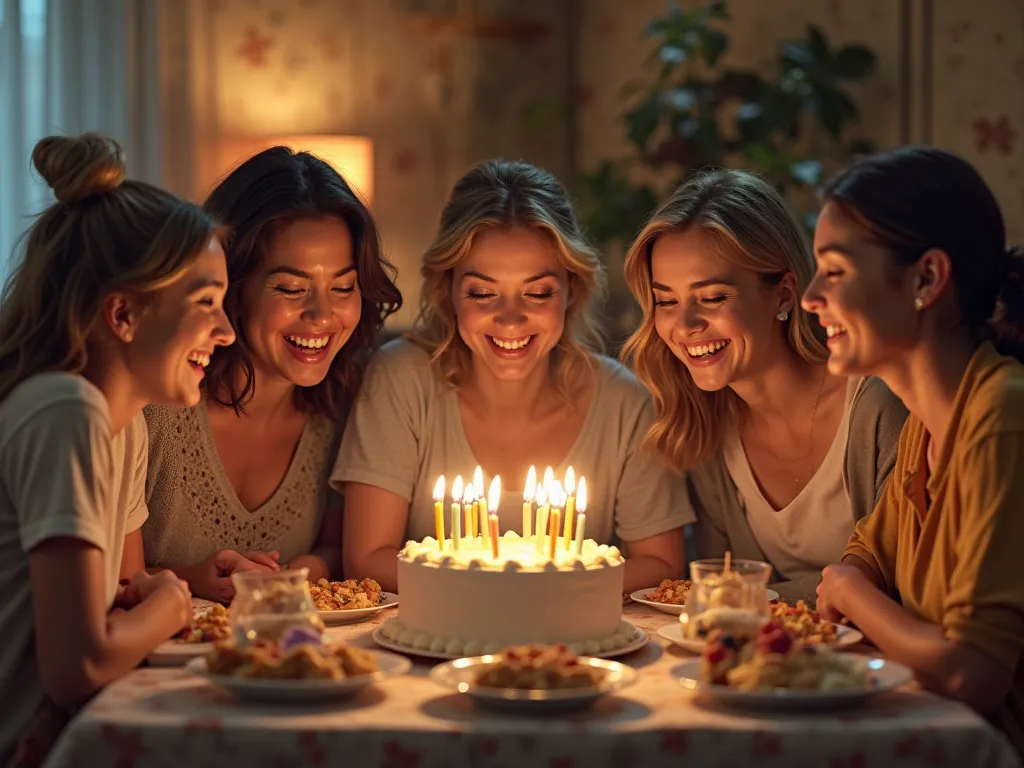 Realistic image of agers blowing candle birthday cake with friends talking
