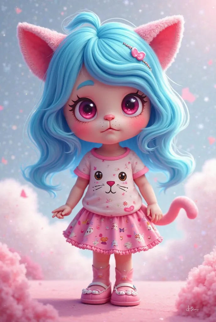 A toca voca character with blue hair, pink eyes wearing a cat skirt and a cat tshirt