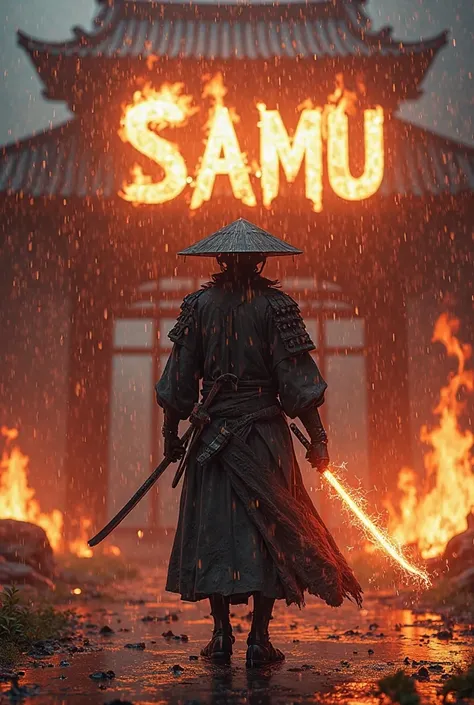 A horizontal banner of a video game samurai wearing a helmet on a rainy night in a burning temple with a fire katana and behind it there is a text of fire saying XSamu wearing a mask 