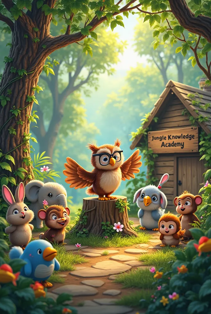 A lush, vibrant jungle with tall trees, colorful flowers, and a small open-air school made of wood and vines. Various young animals—rabbits, elephants, monkeys, birds, and fish—sit on the ground, looking eager and excited. In the center, a wise old owl wea...