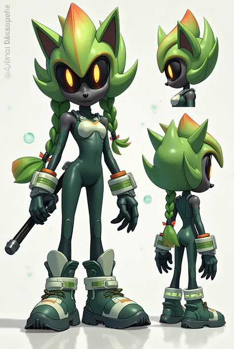 Different angles, character sheet of an anthropomorphic female character from the Sonic series, based on an crested thorn body. Her fur is green and her skin is black. She has raised bangs in the shape of a crest, the tip of the crest is brick-colored and ...