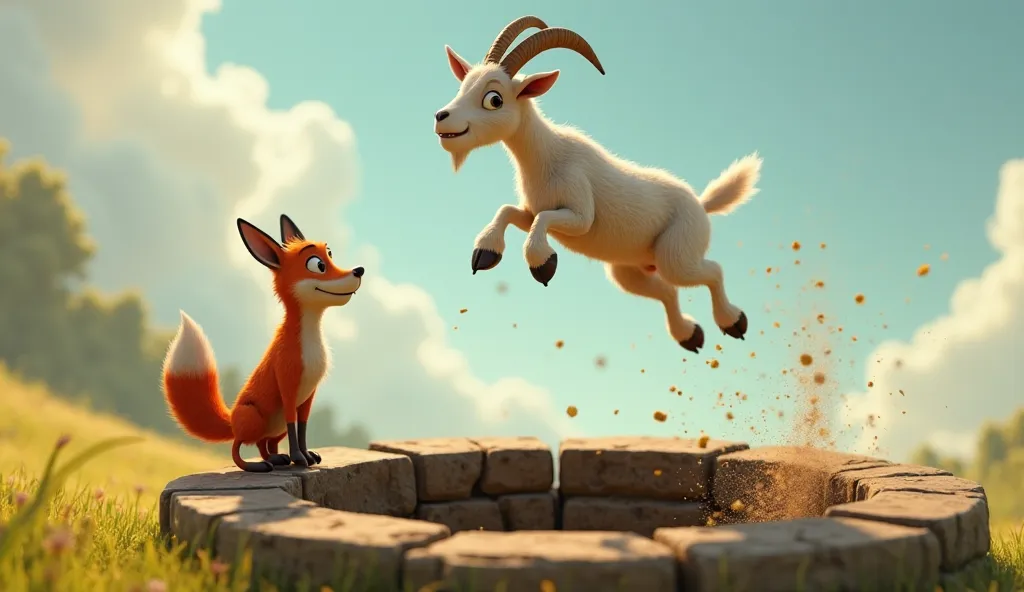 A 3D Pixar-style scene of the goat mid-air, leaping into the well. Its front legs are tucked slightly while its hind legs are still pushing off the ground. The fox below looks up with a smirk, ready for its next move. The well’s dark interior contrasts wit...