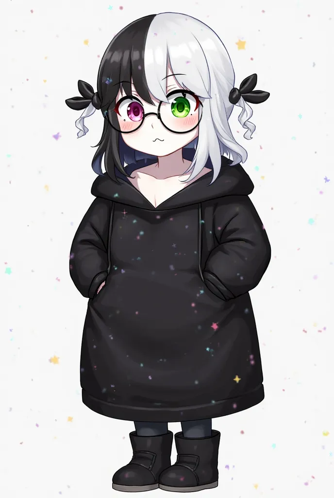 Appearance: [skin color: white, hair color: black with a large white bang in heart shape, eye color: left green, right pink, clothing: wears a long black and closed hoodie that goes down to her waist and underneath black panties and the boobs is out, and b...