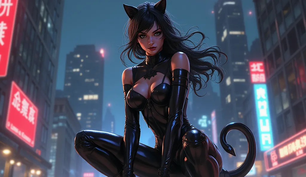 a sexy catwoman, feline beauty ,  seductive expression , bold pose , Feline movements,  bright feline eyes , soft leather, tight black leather outfit, sharp nails, wavy tail,  night city background ,  Bright neon lights , dark and mysterious environment, r...