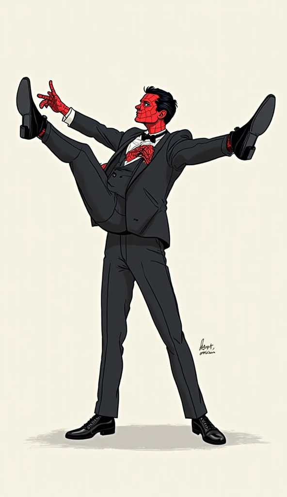 A stylized illustration inspired by Spider-Man. The groom has short black hair and is wearing a classic black tuxedo with clear Spider-Man details, such as the spider on the back of the tuxedo. He is not wearing the Spider-Man mask. He is standing with his...