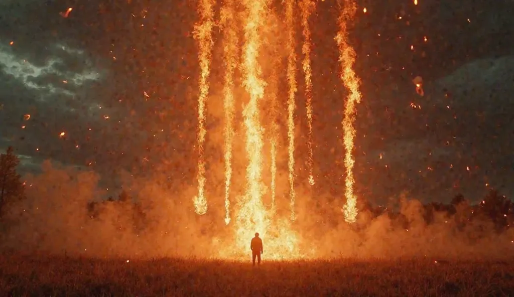 A dramatic scene where multiple ultimate flaming arrows descend from the sky, leaving behind fiery trails. The camera angle is from the ground, looking up at the dark, smoke-filled sky as the arrows streak down with intense flames of orange, red, and yello...