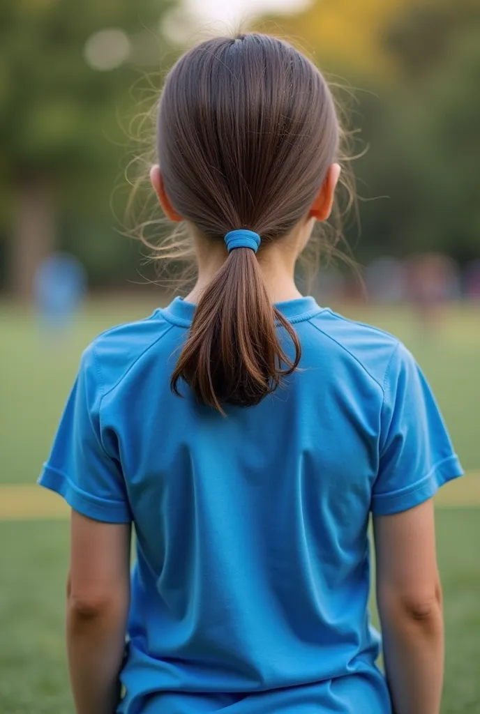 You can use the following description in the AI image generators.:

Scientific symbols:
A professional photo with realistic technology shows the back of a young girl wearing a Ronaldo blue shirt. The image focuses only on her back and her elegant round hai...