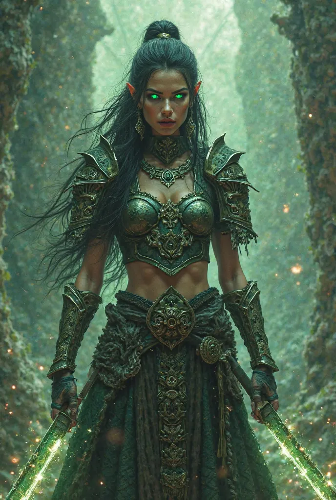 ANCIENT WARRIOR WOMAN WITH GLOWING GREEN EYES HOLDING TWO MAGICAL KATANA SWORDS