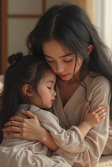 •	A mother, 35 years old, and her  daughter, both with long black hair, lying on the floor at home. They are dressed in matching  The daughter is hugging her mother with her head resting on her mother's chest, while the mother embraces her lovingly. 