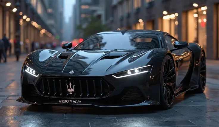 prompt:

"A futuristic black Maserati MC20 hypercar parked in a modern urban setting at night. The car has an aggressive, sleek aerodynamic design with sharp LED headlights and a low, wide stance. The Maserati logo is displayed prominently on the front gri...