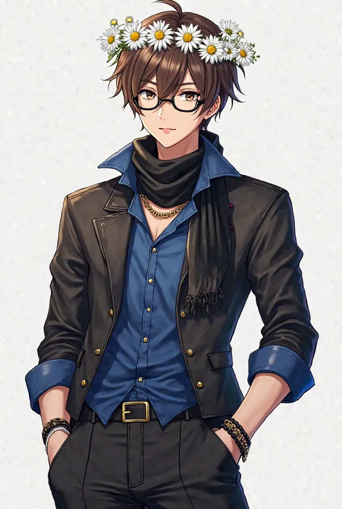 Male anime with black and blue biker shirt, black pants, brown hair, low black glasses, vanilla leather, crown of white daisies with black scarf