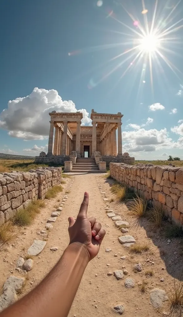 Roman Temple of Evora, ultra realistic in the first person from the eye perspective, the camera, that is, the person's eyes are the camera, the arms stretched out and the index finger pointing to the Roman temple of Évora, Portugal. 