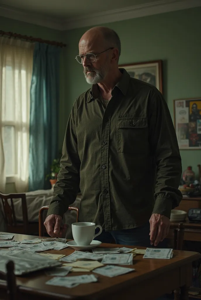 Walter White wakes up in a modest bedroom, his face weary and tired. He silently gets dressed, adjusting his glasses in the mirror. In the kitchen, he brews a cup of coffee, his gaze distant as he stares at the bills on the table, the weight of his double ...