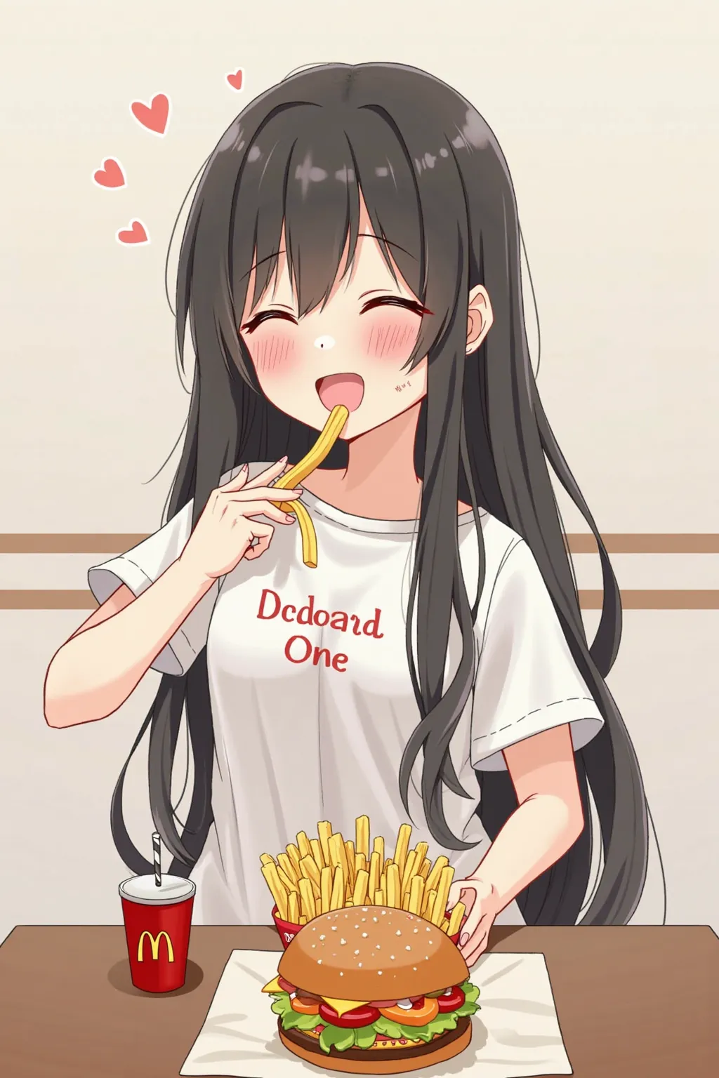 Girl with long black hair is happy eating McDonald's fries，Wearing a white dress，There are two words written on the clothes，One，A McDonald's hamburger was placed on the table next to it