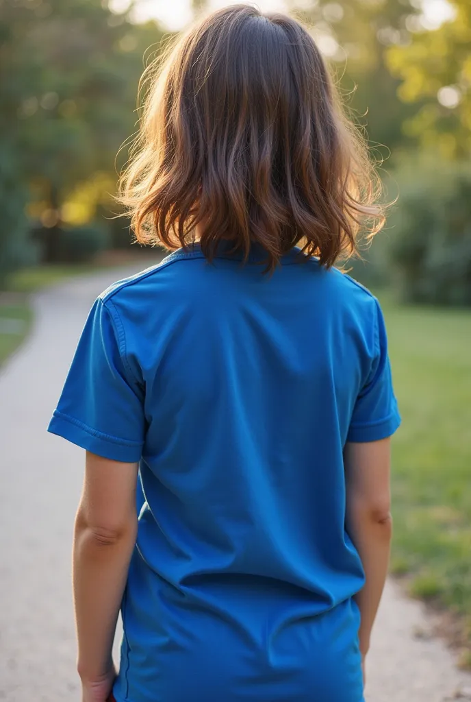 You can use the following description in the AI image generators.:

Scientific symbols:
A professional photo with realistic technology shows the back of a young girl wearing a Ronaldo blue shirt. The image focuses only on her back and her elegant round hai...