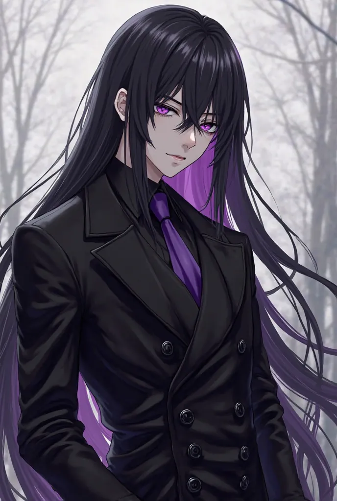 Realistic vkei style, black butler anime style, male and muscular character with long straight black hair with purple highlight and long side bangs, purple eyes, pale skin, tall, black coat and gothic clothes