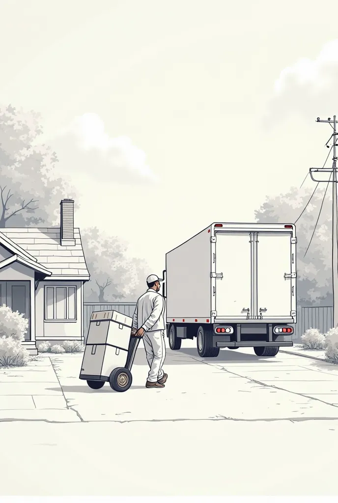 Donne moi une image sobre  blancheet claire sur un déménageur qui part d'une maison avec un diable et des carton scotcher jusqu'à son camion de multi service 🚚 facon dessin comme une bd 