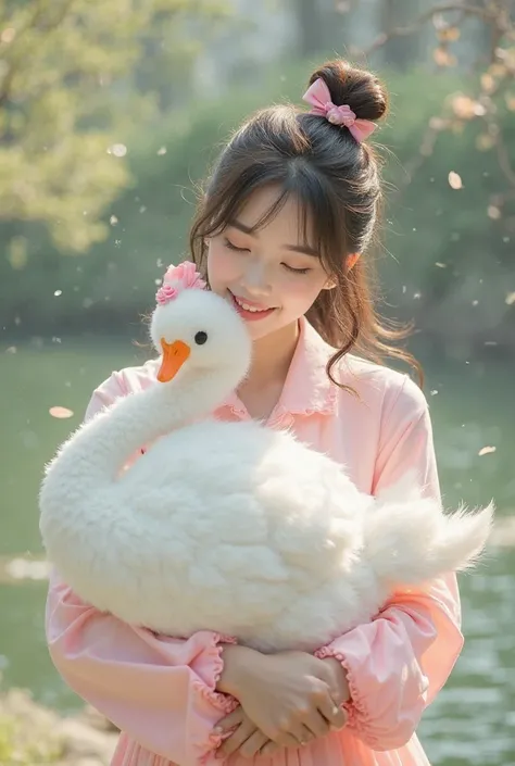  Create an image of Bae Suzy holding a white swan mascot with pink accessories 