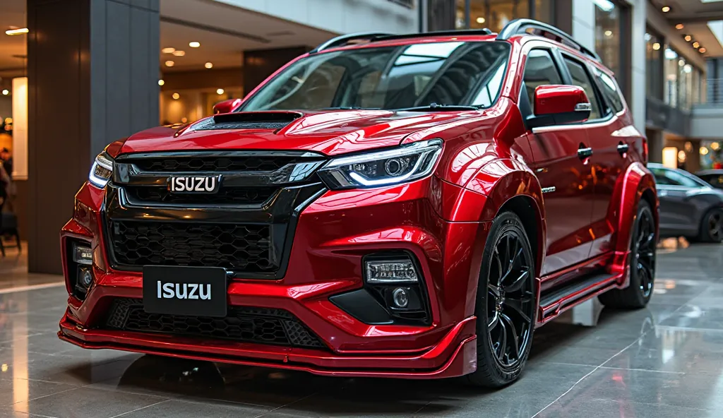 "A luxurious, camera (Isuzu 9- seater) with a bold and modified design, featuring a (Red) shiny polished exterior. In the (front) view, the car modified side is highlighted, showcasing a custom (front) bumper with an aggressive design. The (front) features...