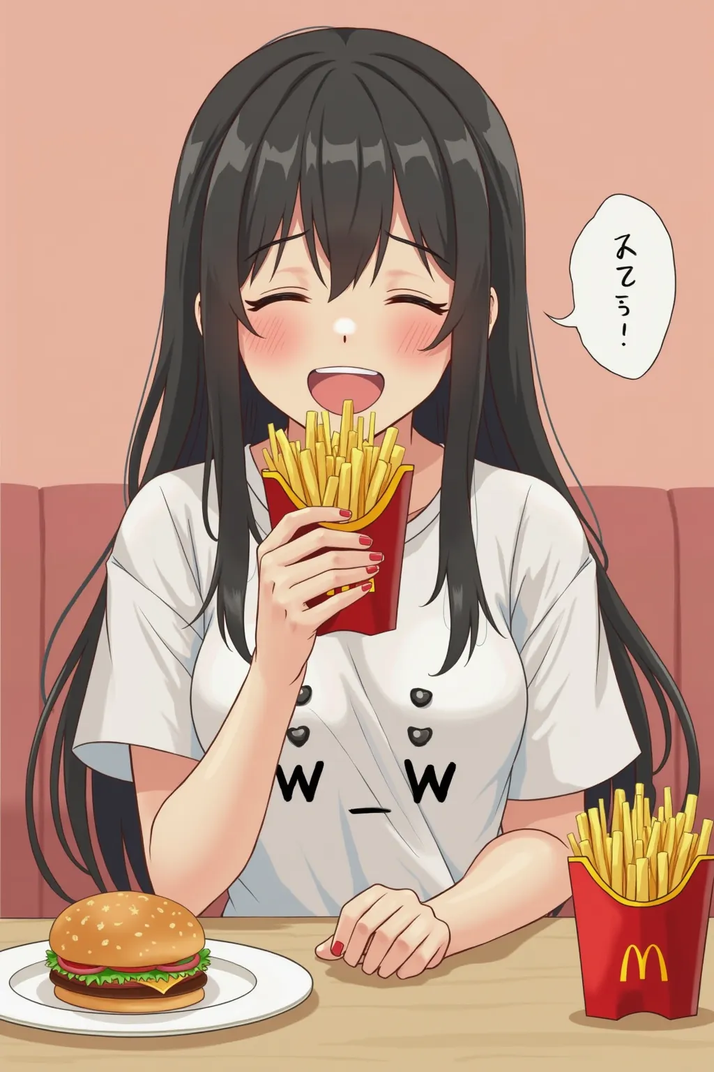 Girl with long black hair is happy eating McDonald's fries，Wearing a white dress，There are two words written on the clothes，ww，A McDonald's hamburger was placed on the table next to it