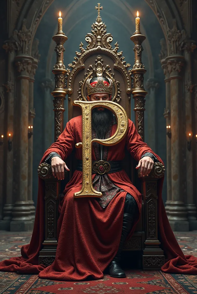 Create a cursive Gothic letter P from the Middle Ages with a crown sitting on a king's throne as if it were a king and a candlestick on the top
