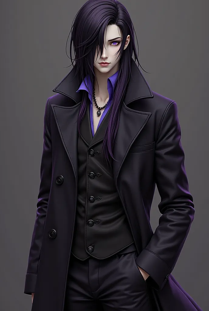 realistic figurine and black butler anime style, handsome manly guy character with long straight black hair with purple highlight and long side bangs, purple eyes, pale skin, tall, black coat and gothic clothes