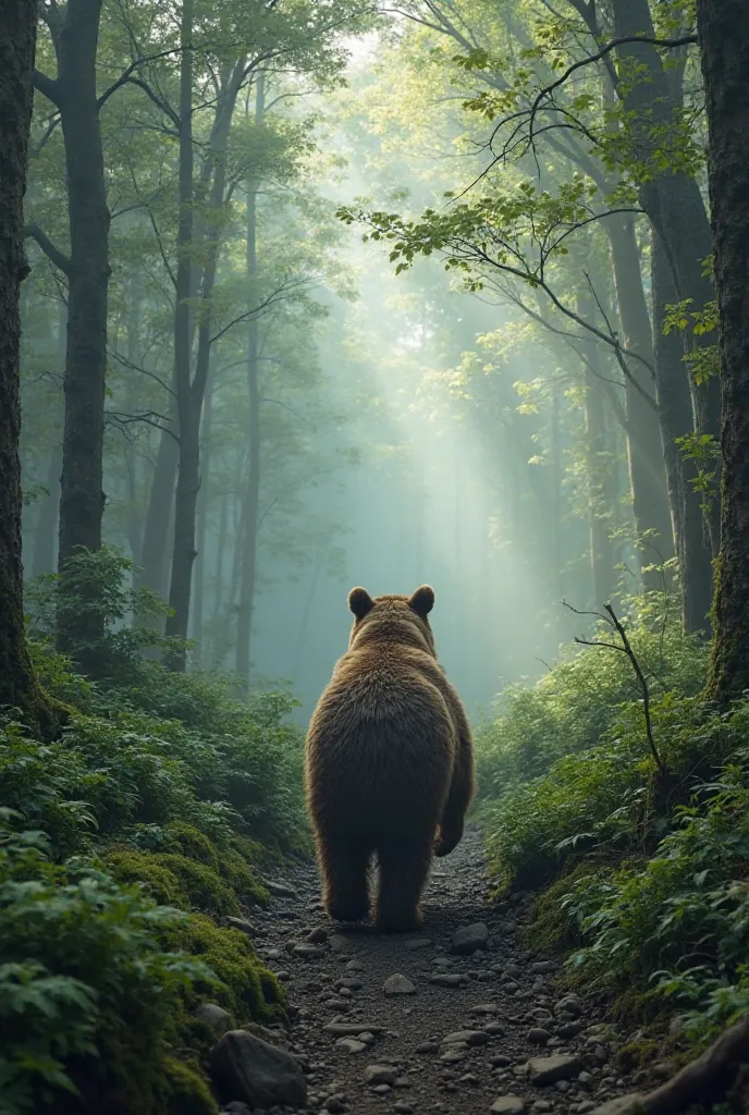 A solitary bear walking through a dense, misty jungle. The towering trees form a natural canopy, with beams of sunlight piercing through the foliage, casting a mystical glow. The bear’s thick fur is slightly damp from the humid air as it moves slowly, its ...