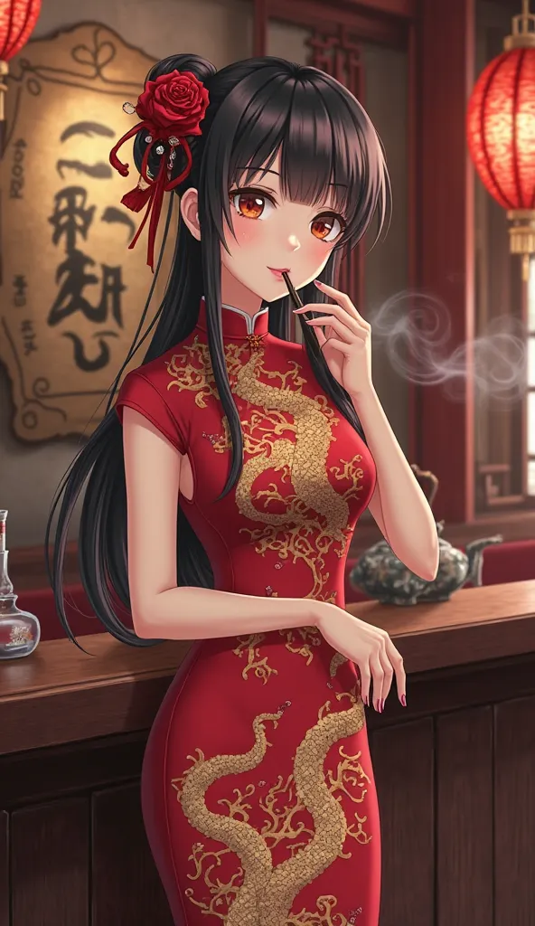 Femme longiligne, qipao rouge et dragon or a manche courte, jupe courte avec collant elle fume une longue pipe fine,air méprisant, bar du salon de thé chinois. style anime  (Avoid and deliberately misspell words to avoid being cut off by the algorithm if n...