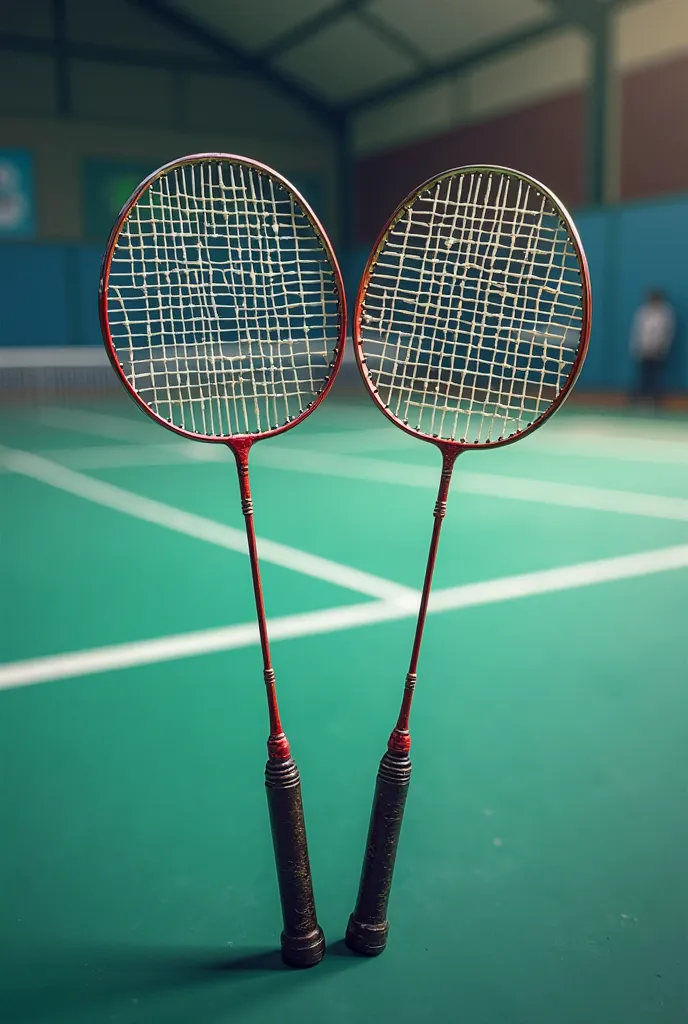 Two badminton rackets close-up，master work for a child，The background is a badminton court