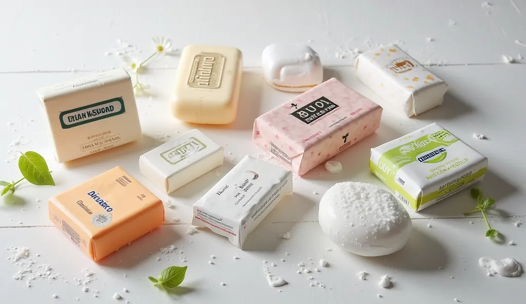 A high-quality image featuring a neatly arranged collection of various soap brands, including Safeguard, Dove, Dettol, Lux, and Lifebuoy. The soaps are placed in an aesthetically pleasing manner on a clean white or wooden surface. Some soaps are unwrapped ...