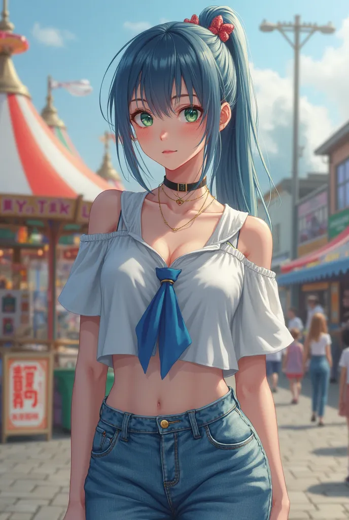 [realistic image],[a young Chinese girl],[19 years old],[fit body],[blue ponytail hair],[beautiful green eyes],[school uniform],[a Russian girl],[blue eyes],[jeans],[open butterfly mini blouse],[amusement park in the background]