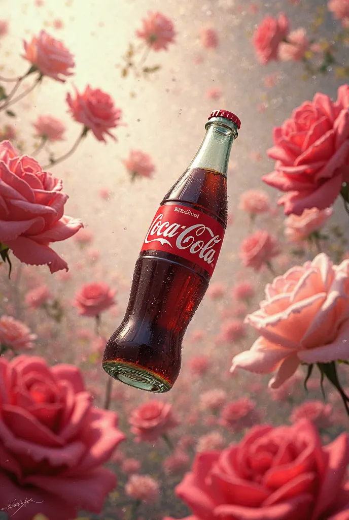 A Coca-Cola with flying roses