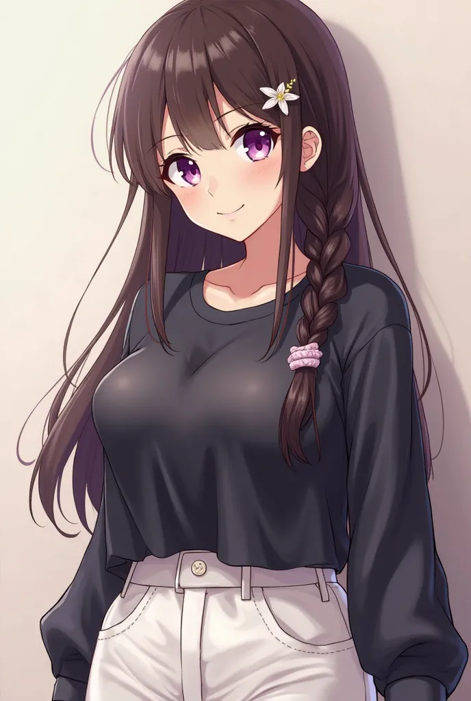 1 Japanese anime girl, solo, long hair, looking at viewer, smile, open mouth, large breasts, dark brown hair, shirt, long sleeve, loose shirt, hair ornament, light violet eyes, collarbone, braid,white pants, (((black shirt))), single braid, scrunchie, hair...