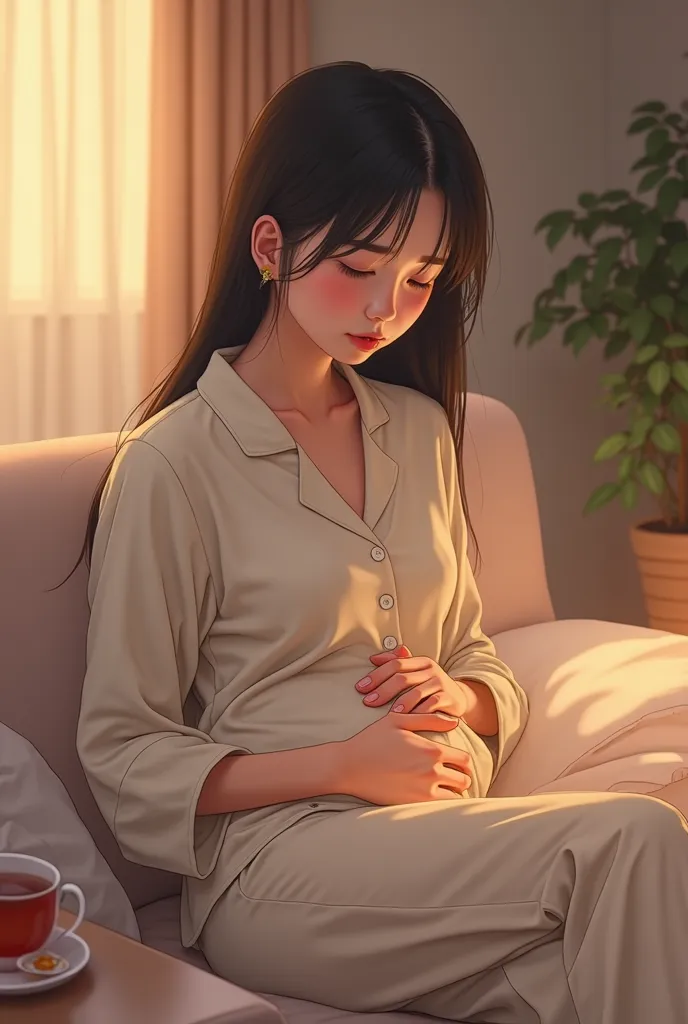 is a Korean young woman in her early twenties, with soft skin and dark hair on her shoulders. She wears comfortable light-colored pajamas and sits on the couch in a warmly lit room.. holding her belly with one hand, while leaning on a soft pillow. Her face...