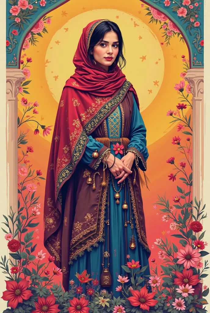 Please give me a picture that conveys woman days on march 8 amd the girl is wearing afghani clothes and can draw by illustrator 
Make different pictures that are showing woman's day