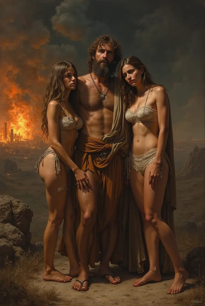 Jacob drunk with his two daughters in panties and Sodom and Gomora on fire.