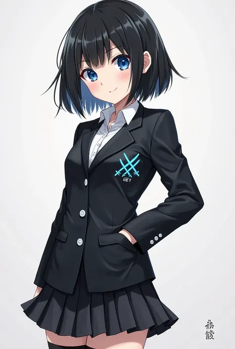 makes an image of a black-haired woman with bangs above her blue eyes, her short, straight shoulder-length hair. She is white, and wears a school uniform. White dress blouse underneath the black blazer, Who has two blue swords intertwined at the height of ...