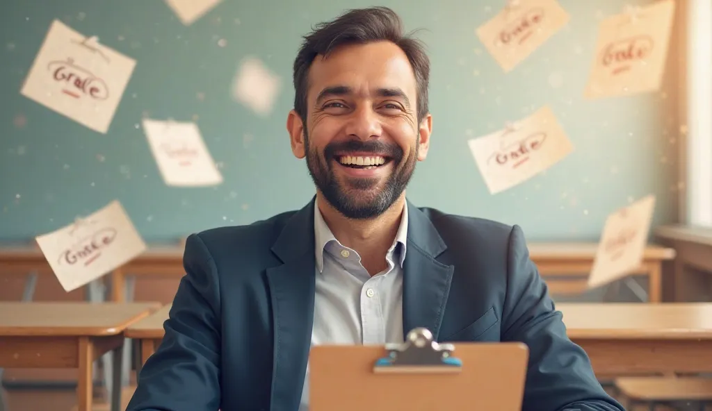 A man, middle-aged, Middle Eastern, with short dark brown hair and a short beard, is seated in a classroom-like setting. He is smiling broadly, and his expression is happy and enthusiastic. He is wearing a navy blue blazer over a light colored collared shi...