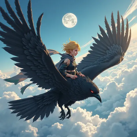 "(masterpiece, ultra detailed, high quality:1.2), Anime Style, golden-haired, dark-eyed kunoichi, Edel traveling through the air above a huge black raven, tsuki , wings spread across the sky, dark feathers reflecting the light of the moon or the sun, Edel ...