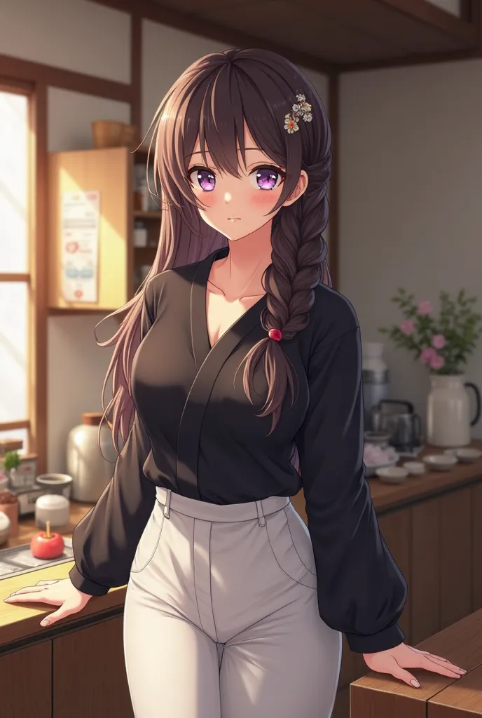 1 Japanese anime girl, milf, 30 years old, solo, long hair, looking at viewer, smile, open mouth, large breasts, dark brown hair, shirt, long sleeved blouse, loose shirt, hair ornament, light violet eyes, collarbone, braid,white pants, (((black shirt))), s...