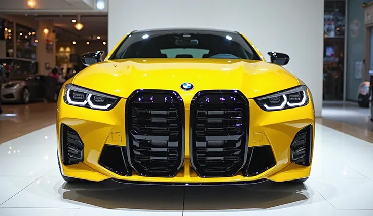 (Front) view of painted gleamy black with shiny yellow clour 2025 BMW m9 stinger in large shape sedan in large size with 2025 BMW logo on its large detailed grille in shiny black clour with angular sporty design captured from (front)(Front) view of painted...