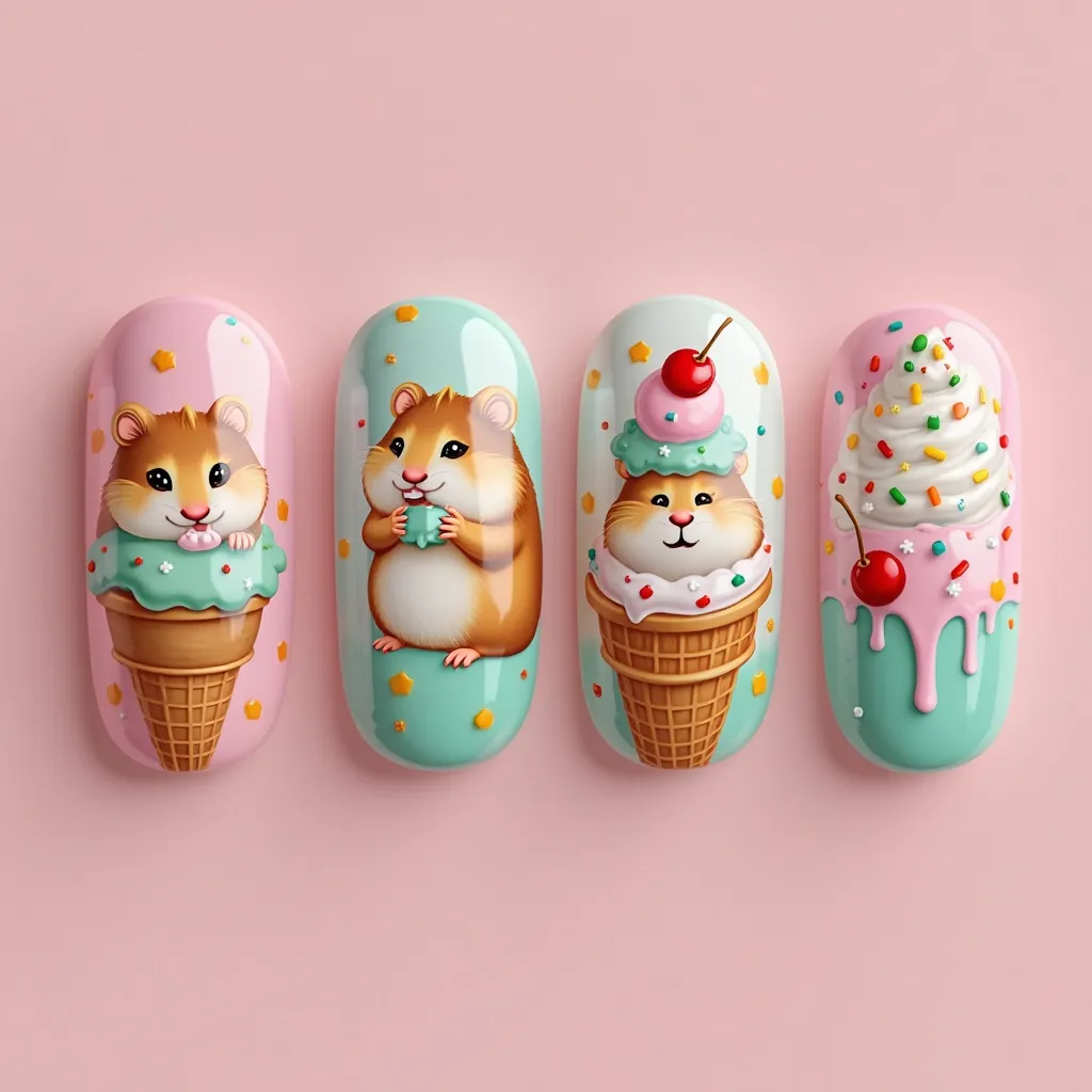 A fun and playful nail design featuring hamsters and ice cream for one hand. The nails have a bright, pastel-colored base, including pink, mint green, and light blue. Some nails showcase adorable hamsters interacting with ice cream cones, licking scoops, o...